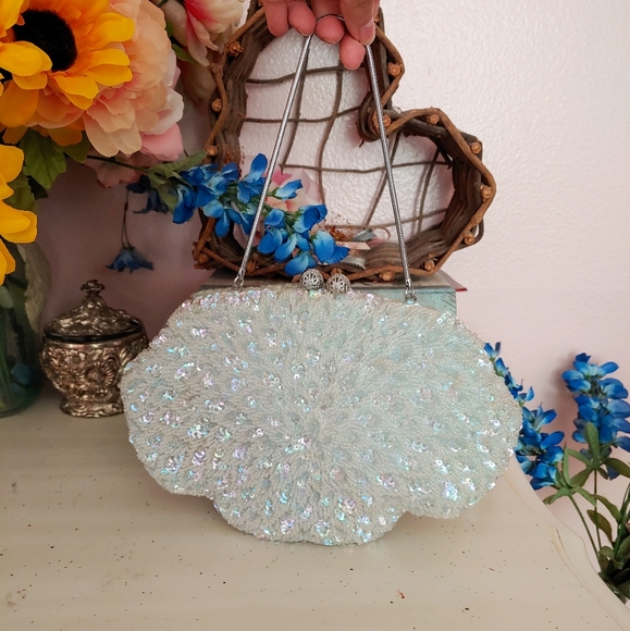 Vintage 60s Light Blue Beaded Clutch with Sequins! - Picture 5 of 8